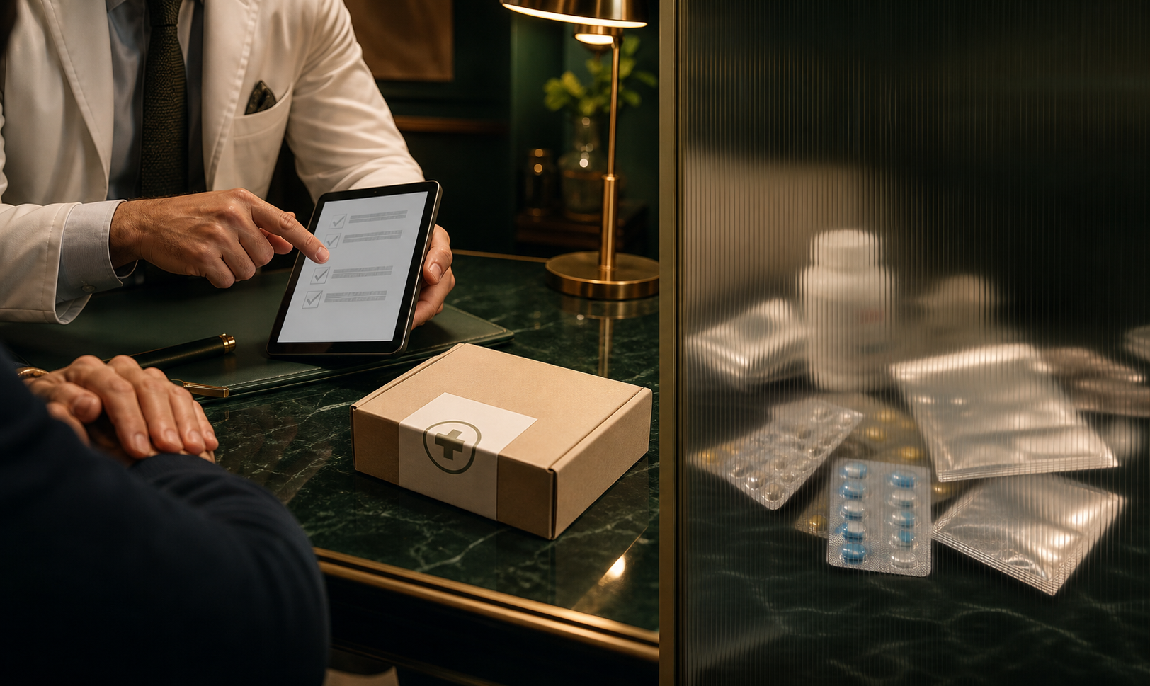 Ärztliche Beratung mit neutralem Apothekenpaket und unsicheren Blistern hinter Glas